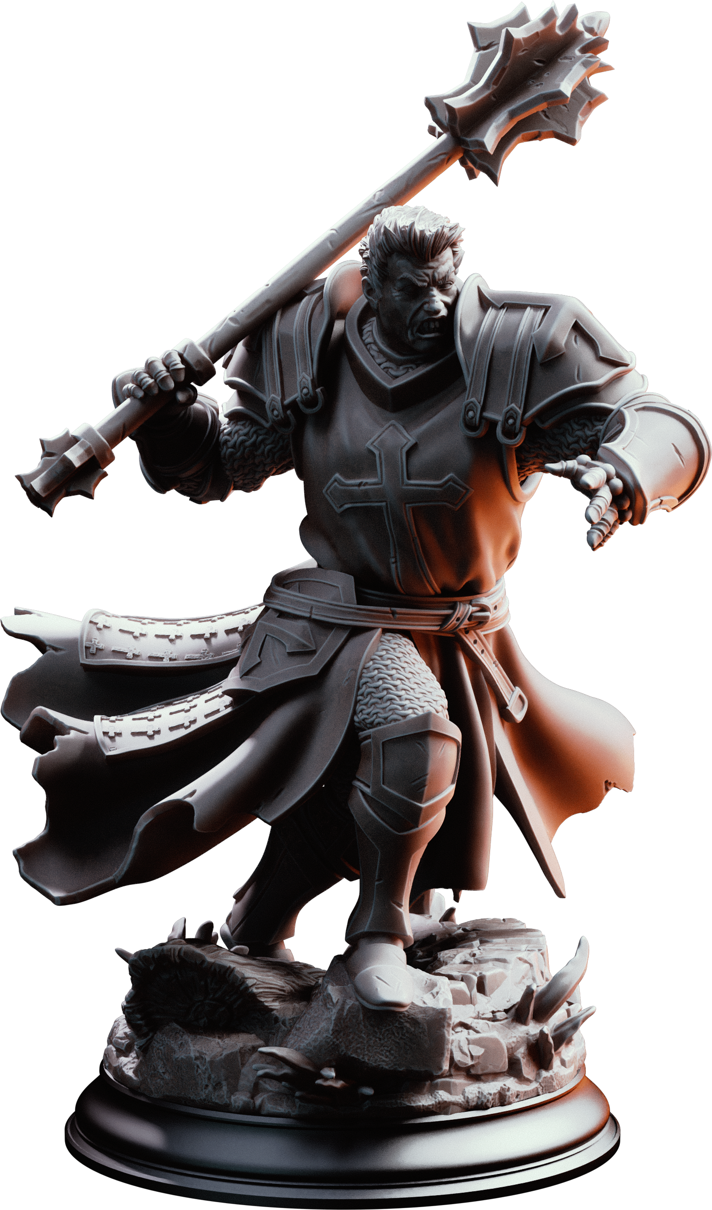 Unpainted resin miniature of Thaddeus the Fortress, a human cleric/fighter/paladin, on a round base — view 4 of 4
