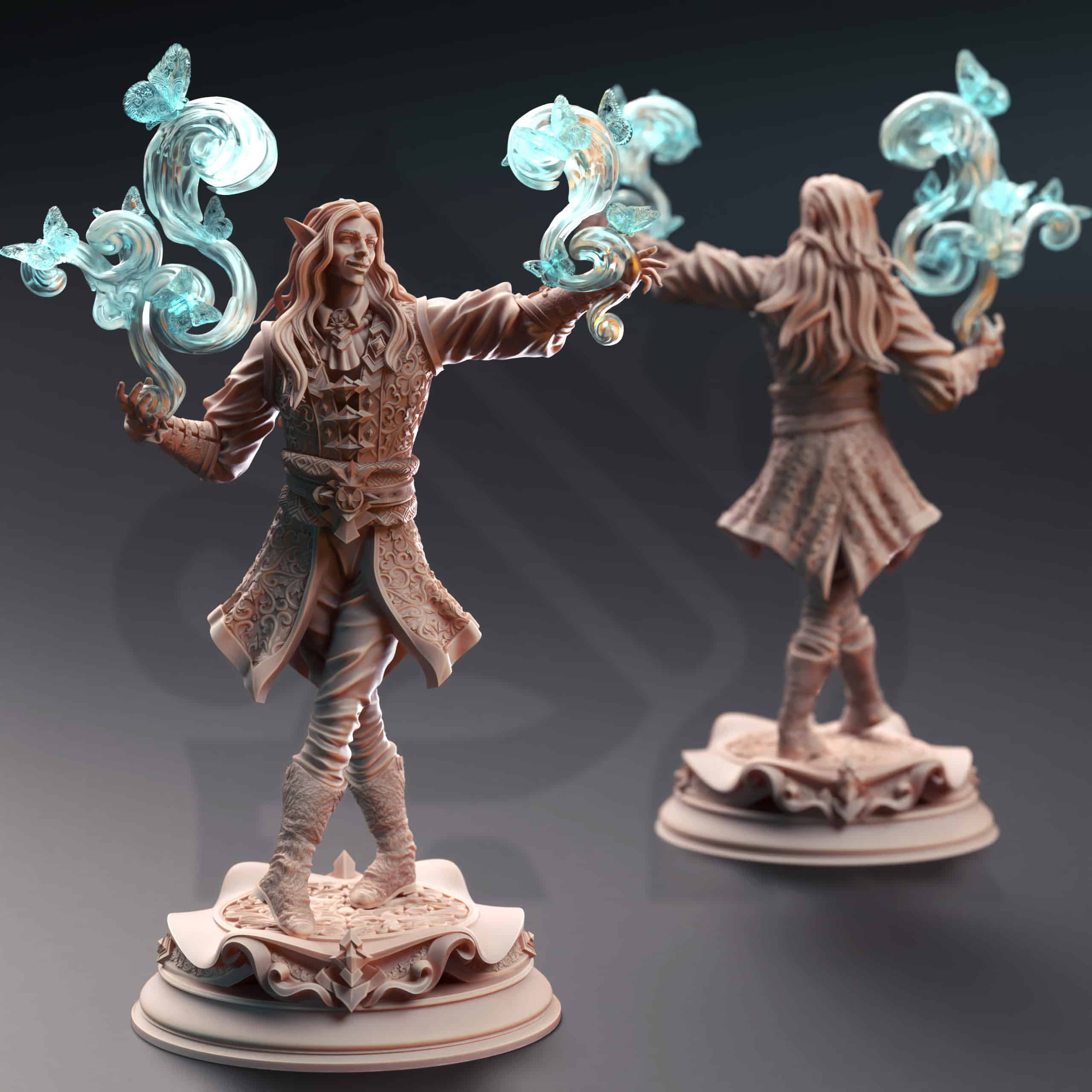 Unpainted resin miniature of Thalorad “Goldhand”, an elf sorcerer/wizard, on a round base