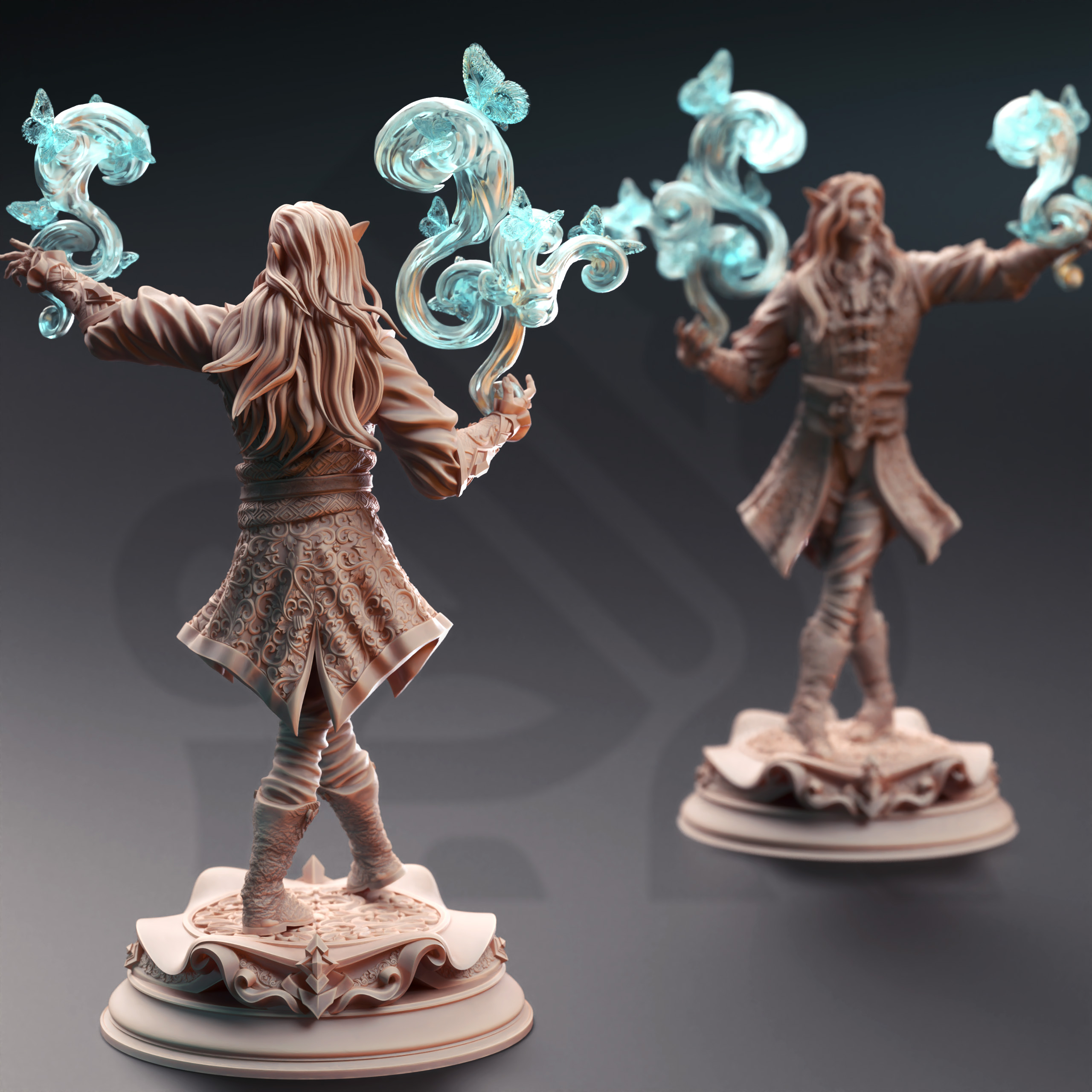 Unpainted resin miniature of Thalorad “Goldhand”, an elf sorcerer/wizard, on a round base — view 3 of 4