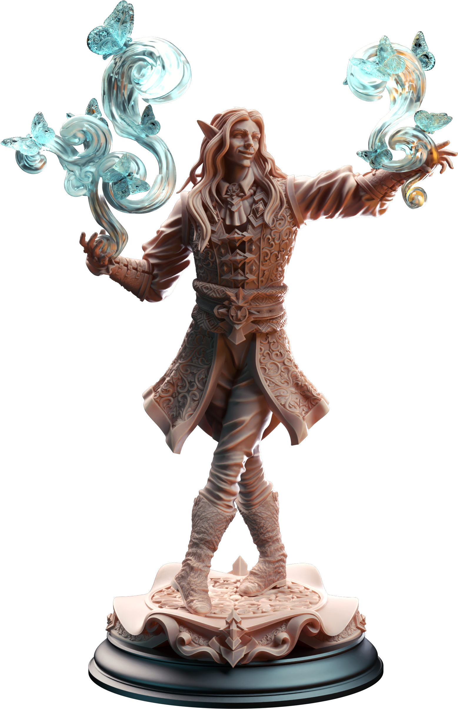 Unpainted resin miniature of Thalorad “Goldhand”, an elf sorcerer/wizard, on a round base — view 4 of 4
