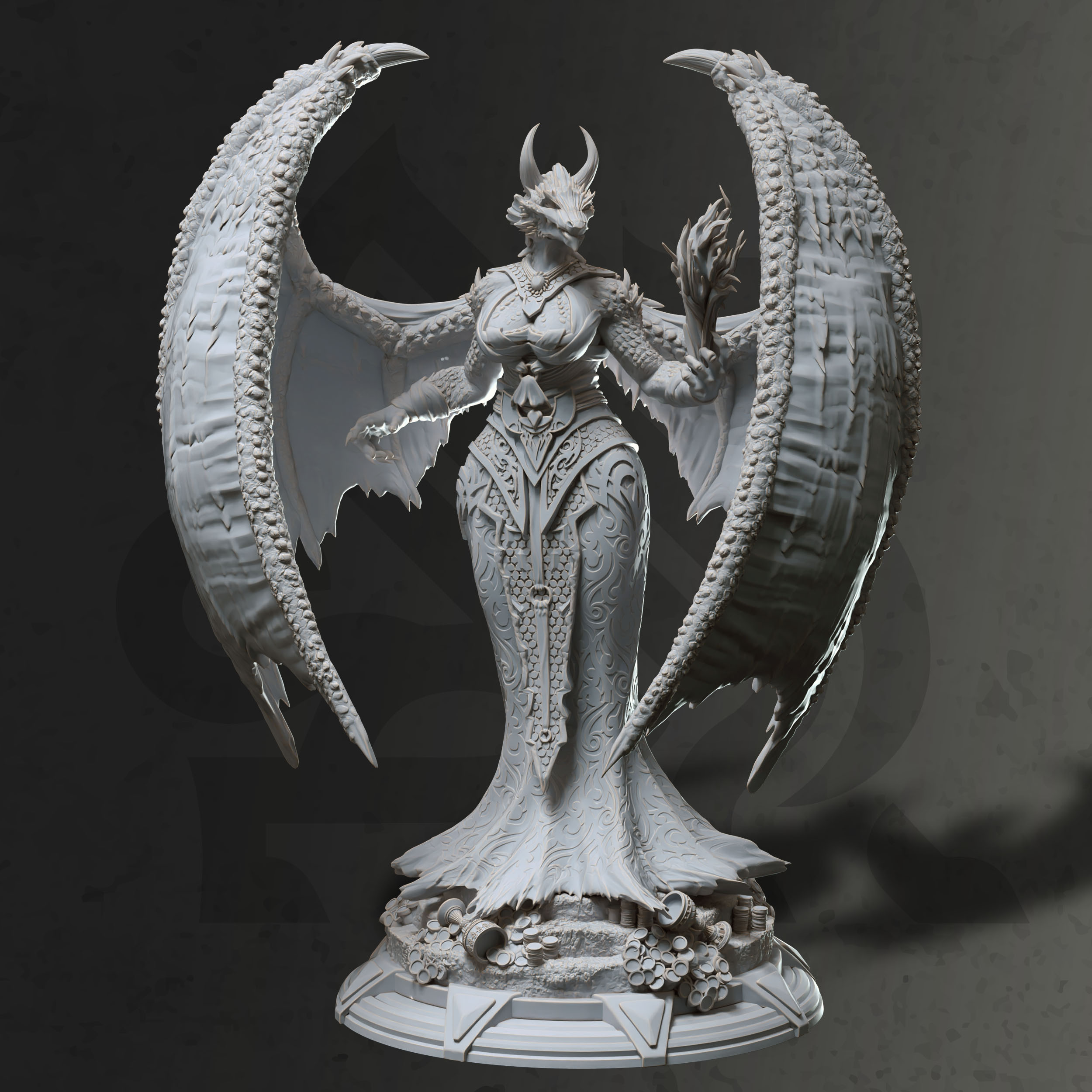 Unpainted resin miniature of Tharvaya, a beastfolk/dragonfolk sorcerer/warlock, on a round base