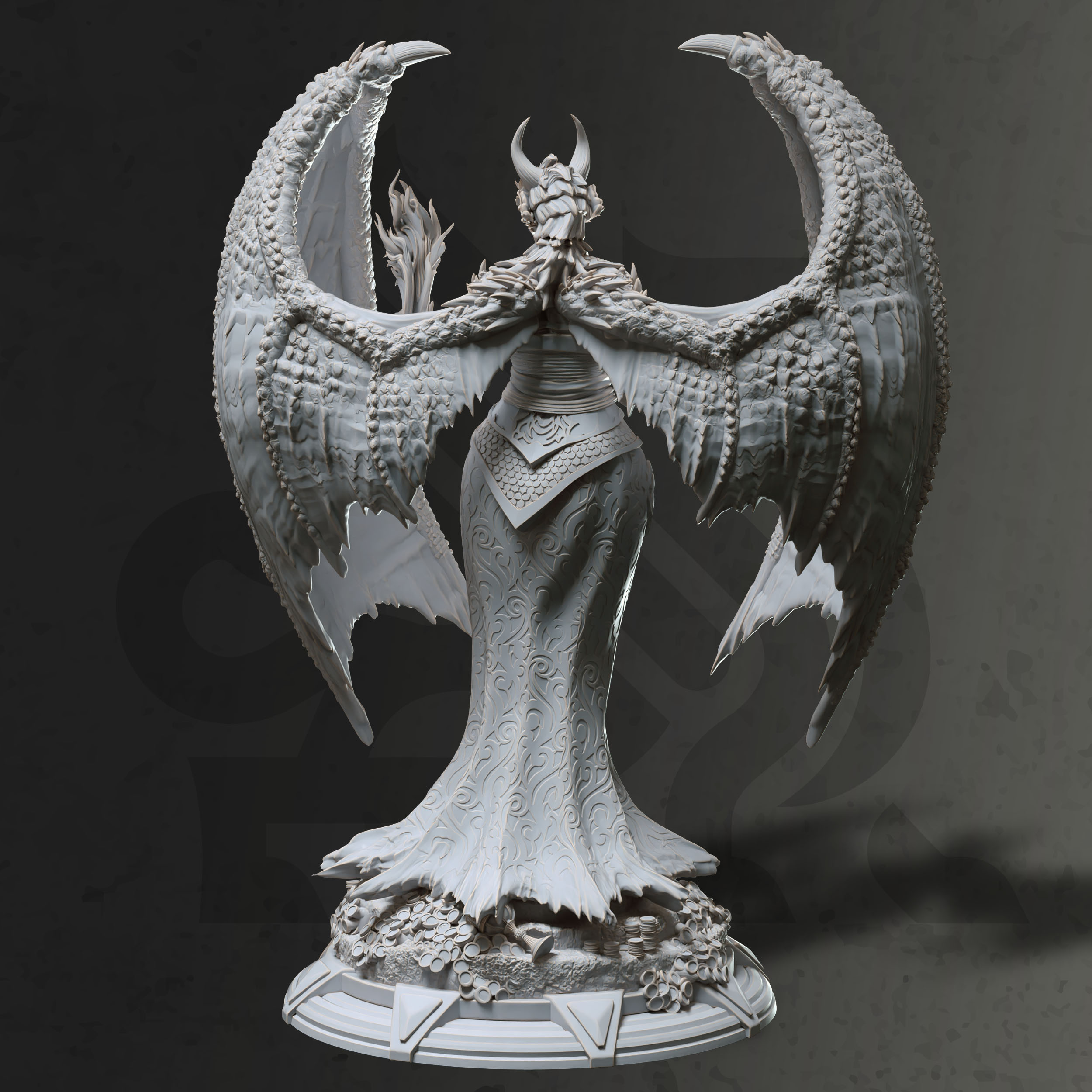 Unpainted resin miniature of Tharvaya, a beastfolk/dragonfolk sorcerer/warlock, on a round base — view 2 of 4