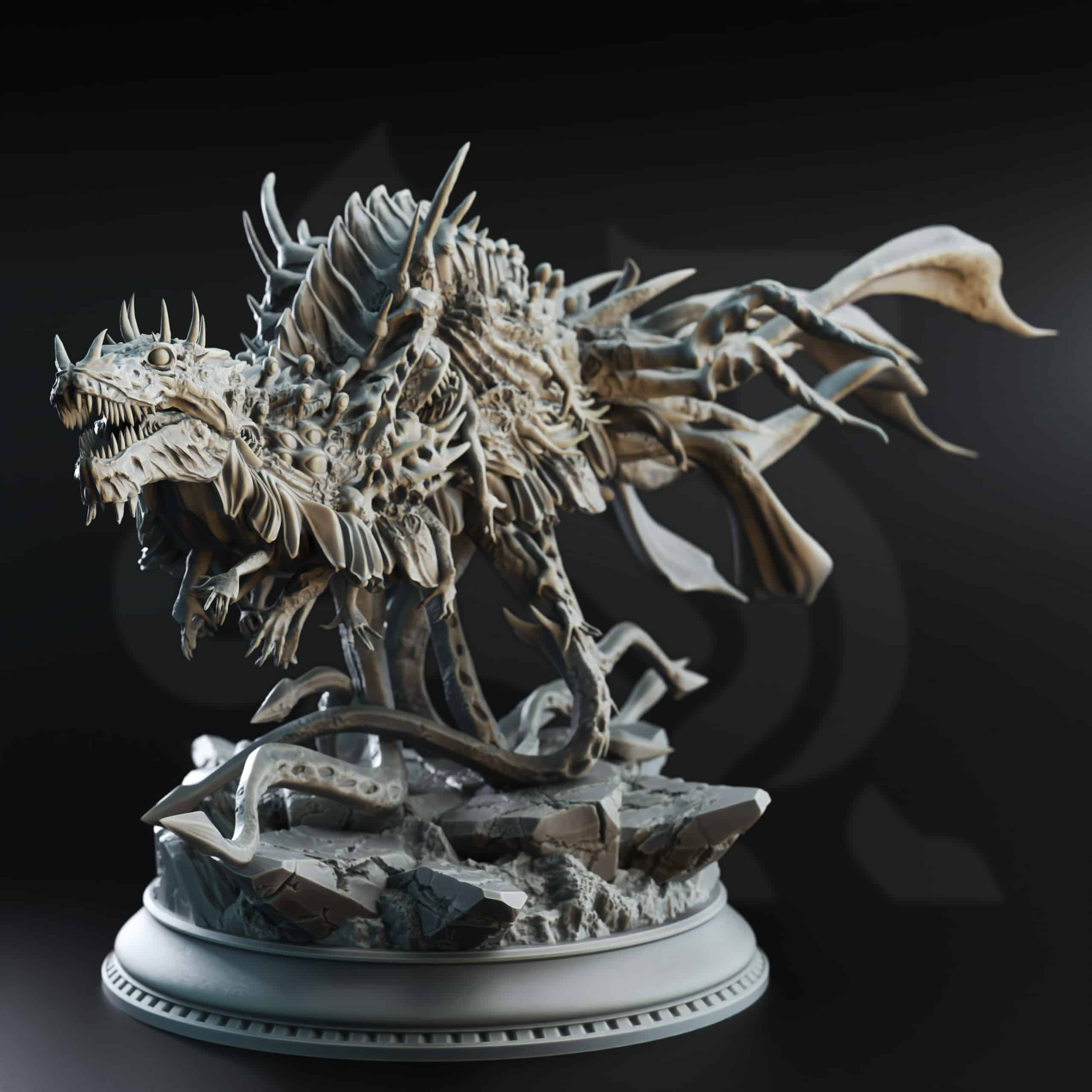 Unpainted resin miniature of The Ark of the Enlightened, an aberration, on a round base