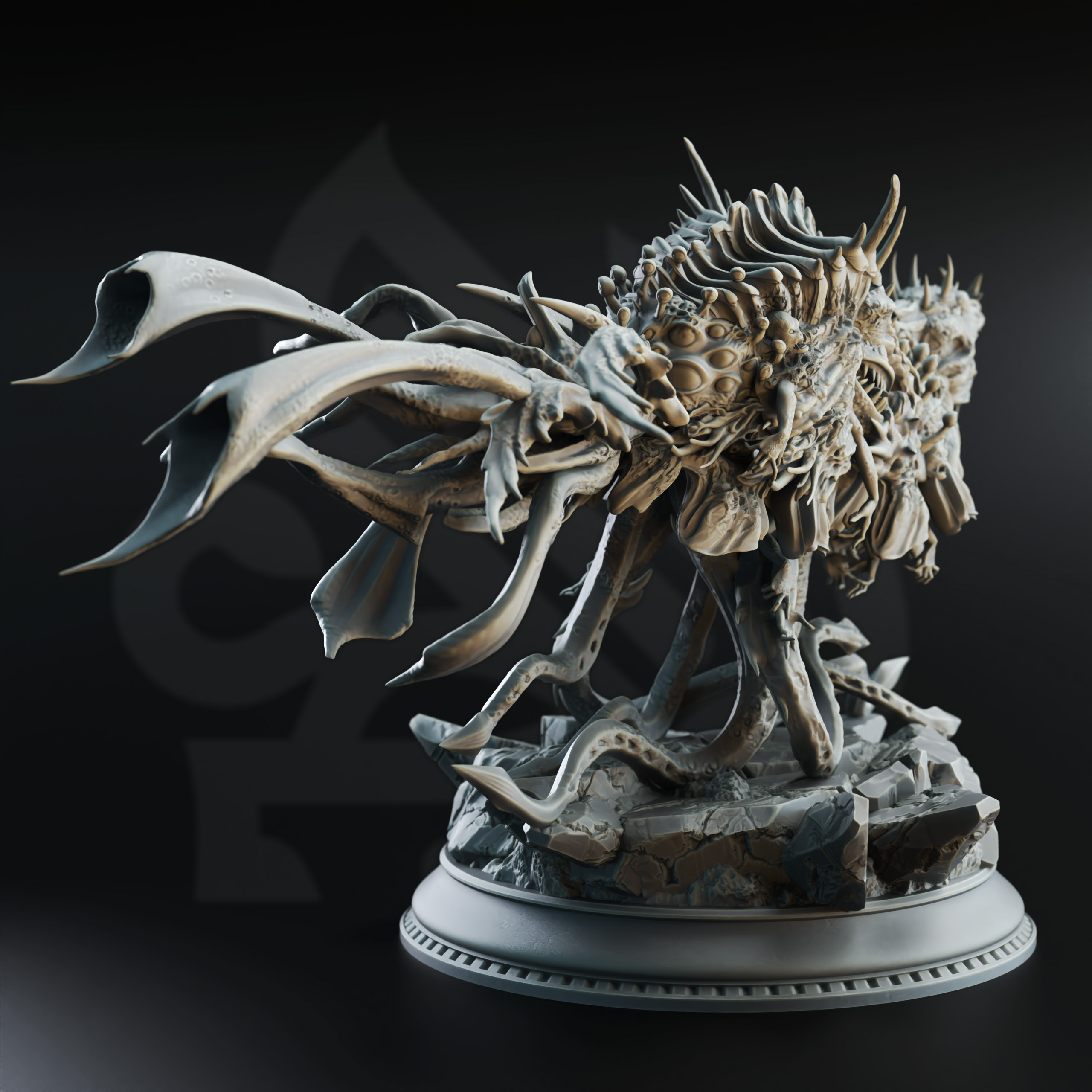 Unpainted resin miniature of The Ark of the Enlightened, an aberration, on a round base — view 3 of 4