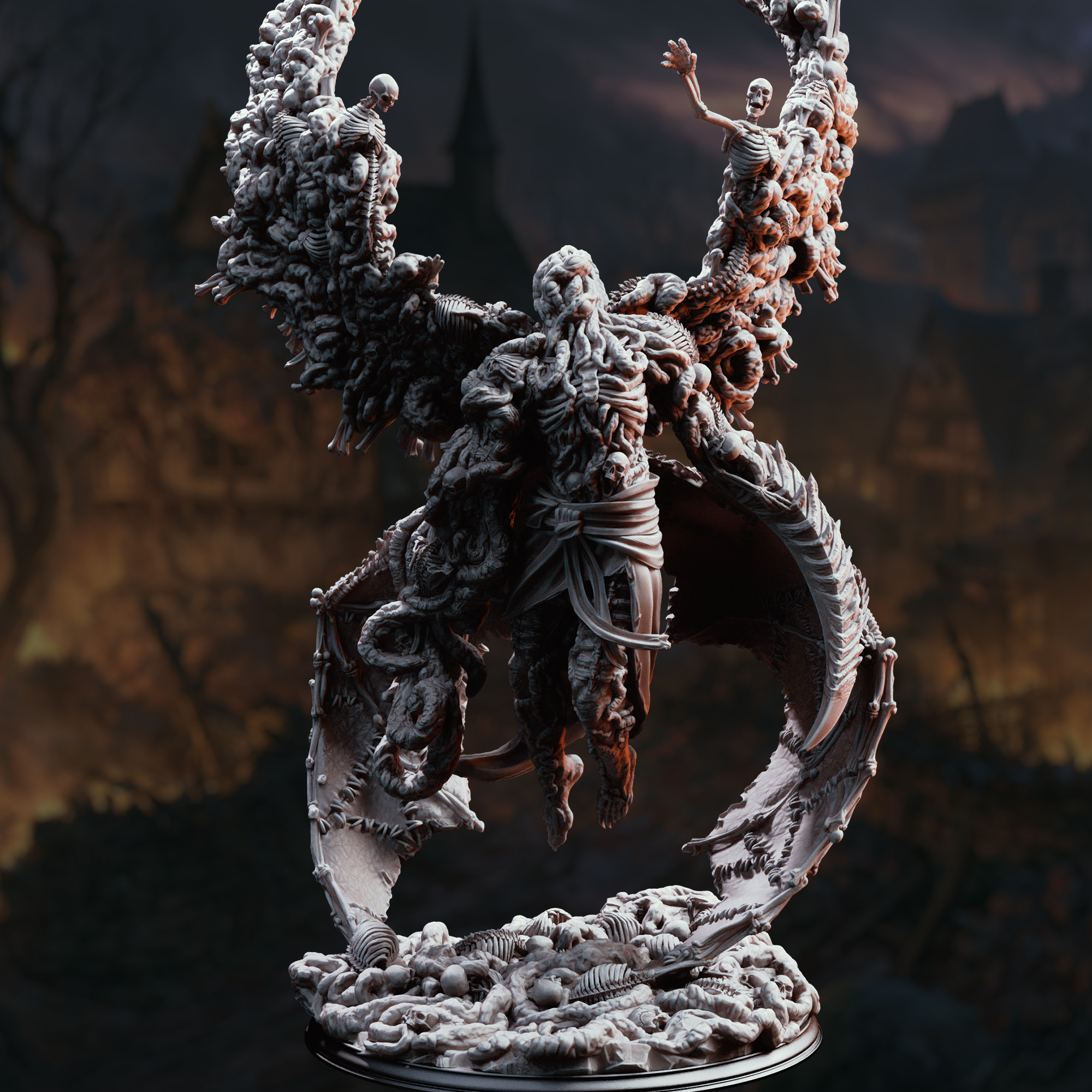 Unpainted resin miniature of The Blight’s Chosen, an aberration, on a round base