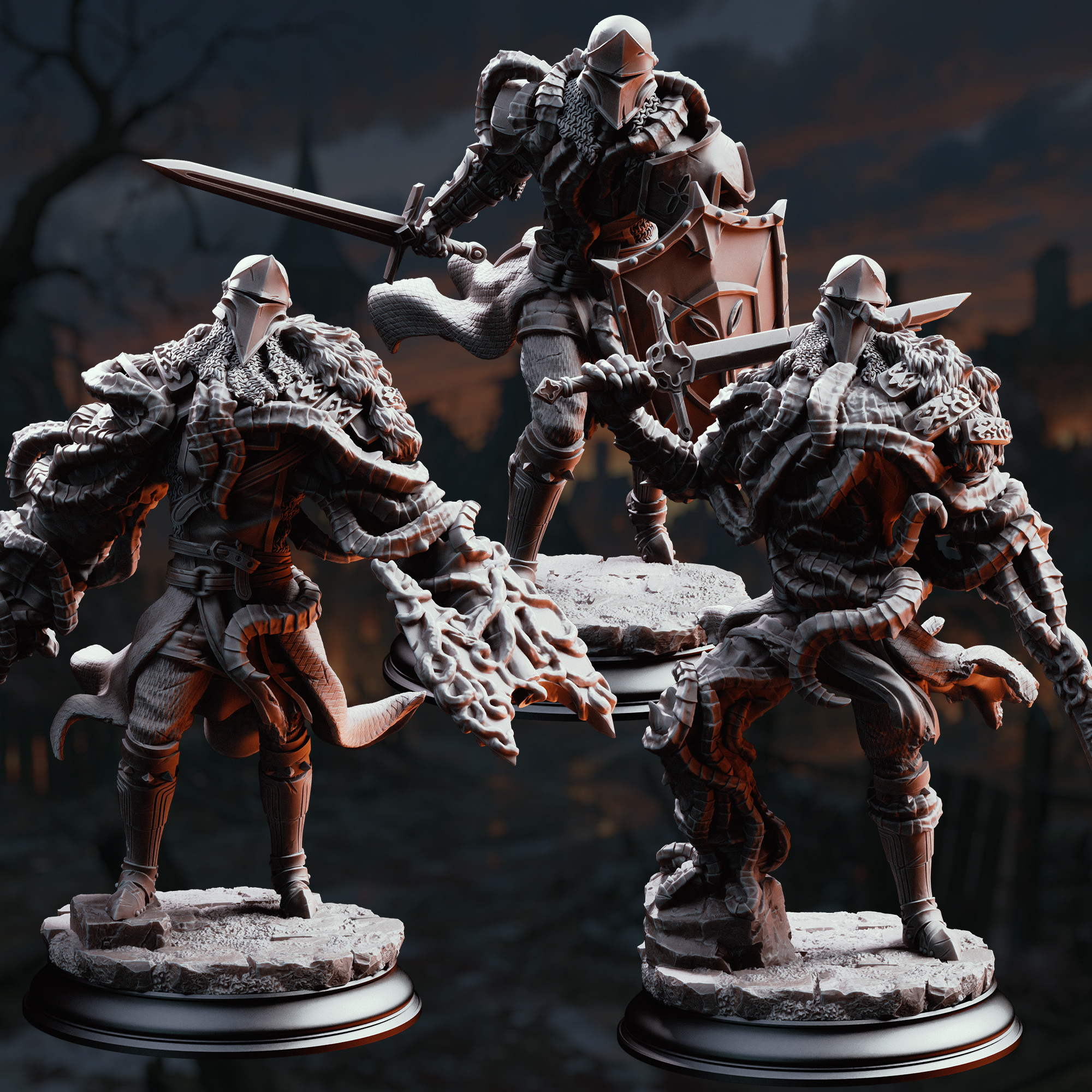 Unpainted resin miniature of The Blight’s Warriors, an aberration, on a round base