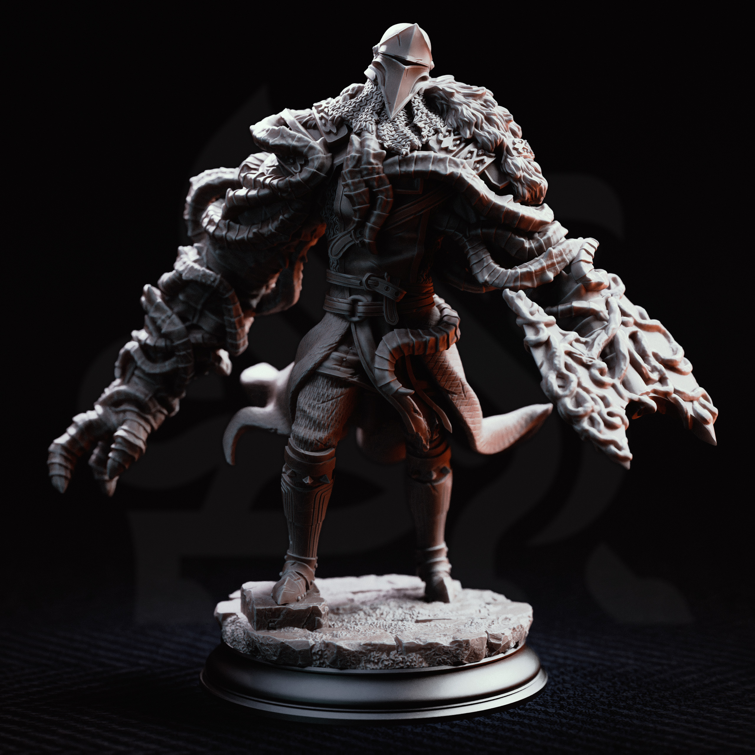Unpainted resin miniature of The Blight’s Warriors, an aberration, on a round base — view 2 of 4
