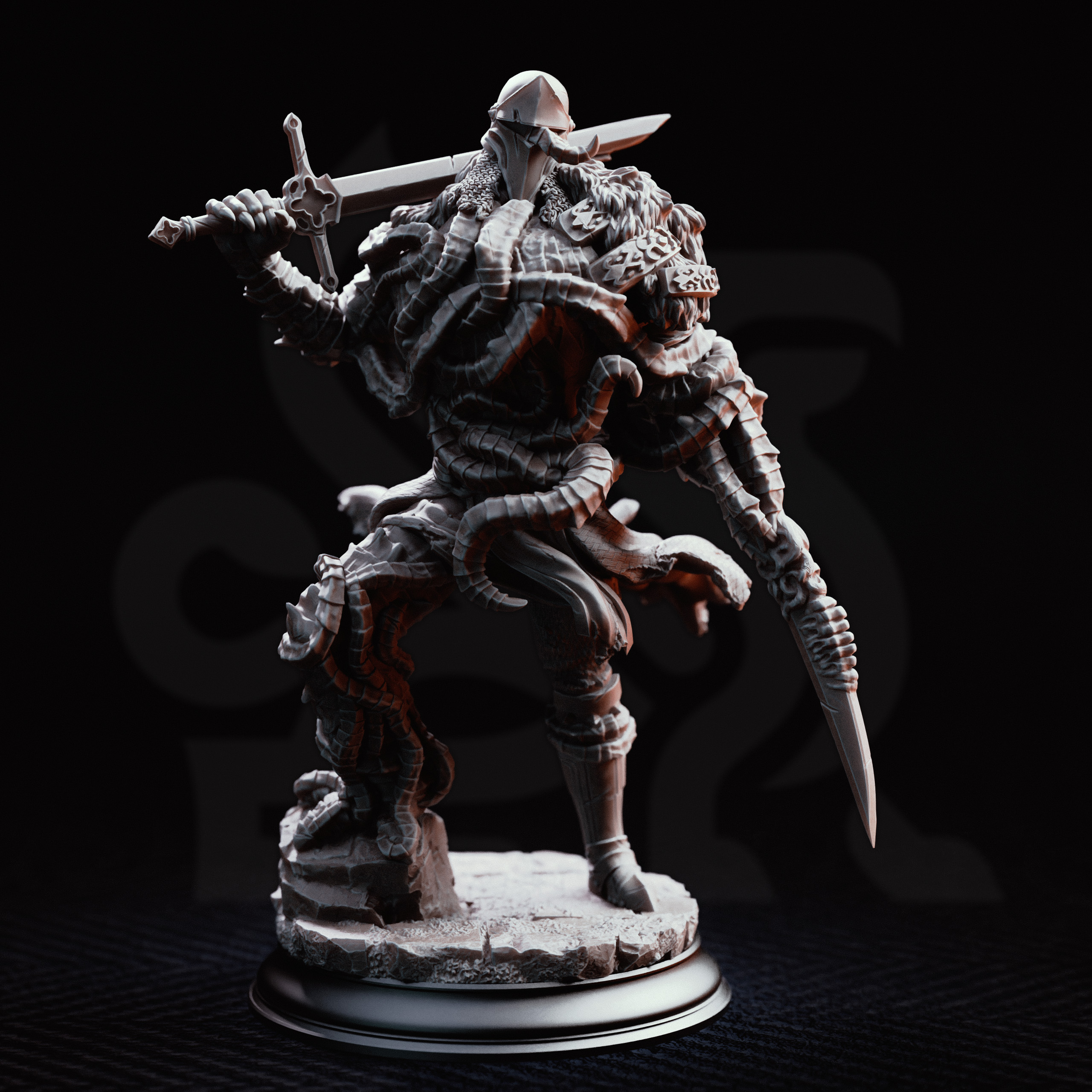 Unpainted resin miniature of The Blight’s Warriors, an aberration, on a round base — view 3 of 4