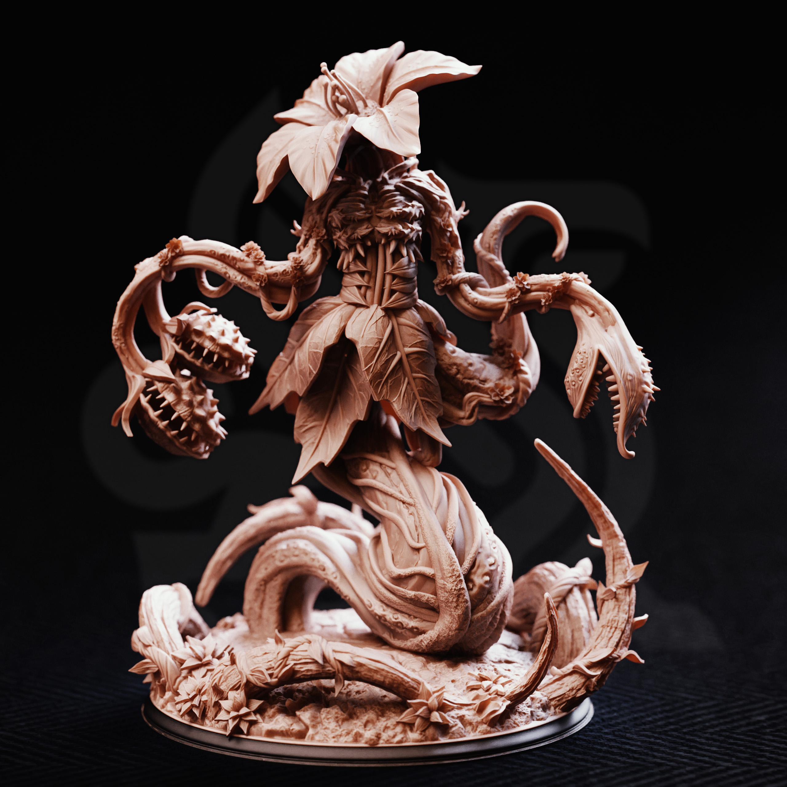 Unpainted resin miniature of The Thornmother, a fey, on a round base