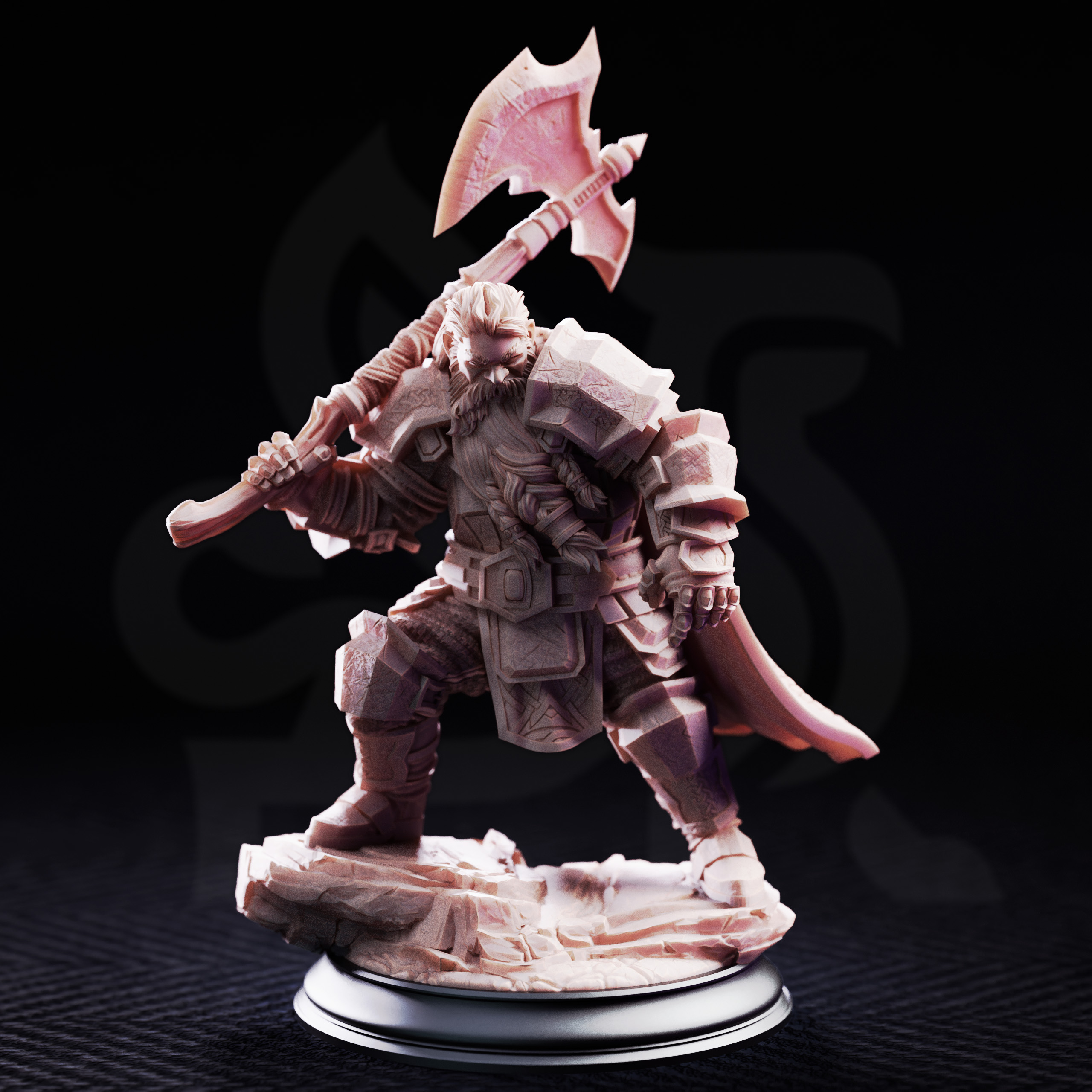 Unpainted resin miniature of Took, dwarven axeman