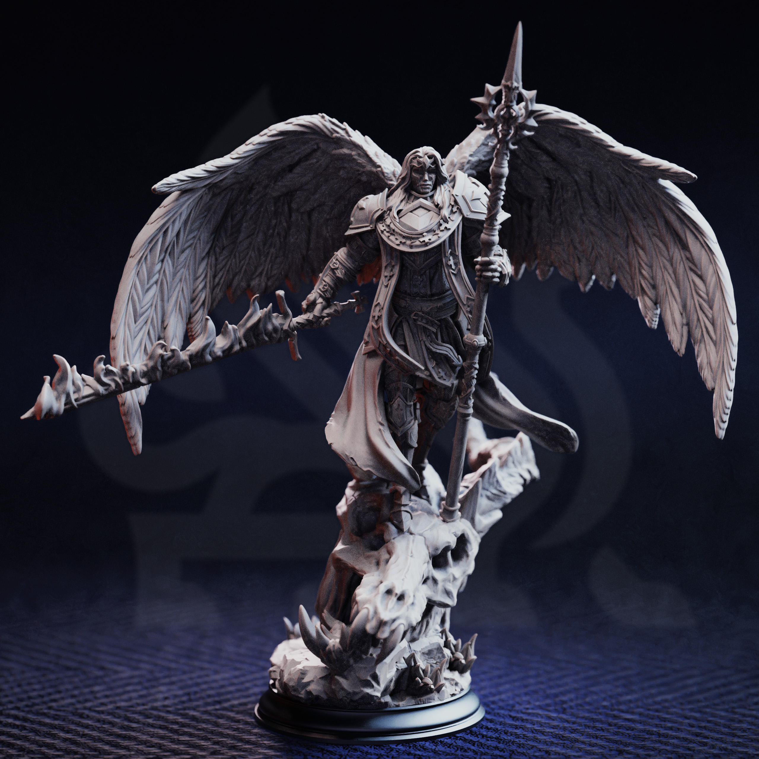 Unpainted resin miniature of Tyrius the Reborn, a celestial/human fighter/paladin/sorcerer, on a round base