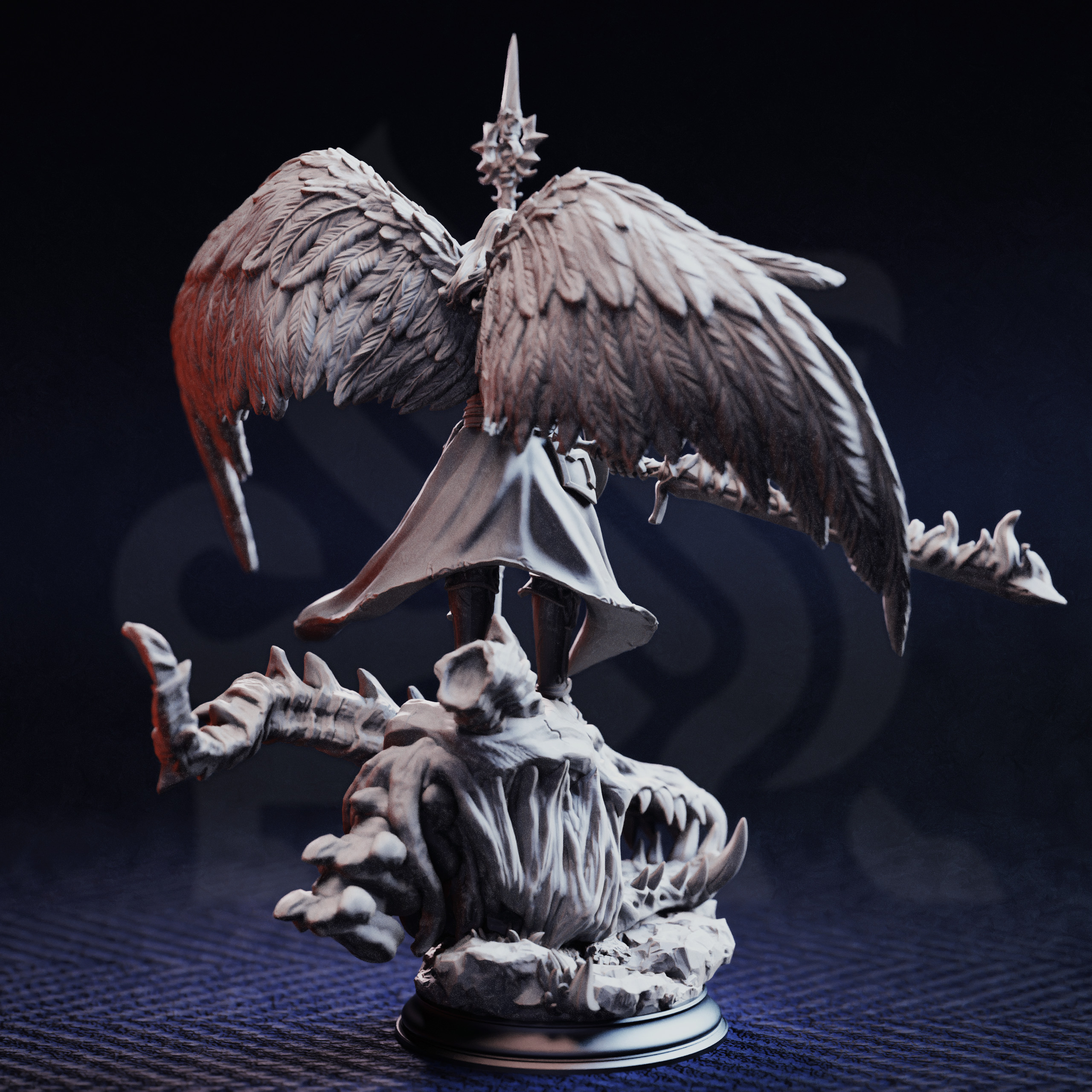 Unpainted resin miniature of Tyrius the Reborn, a celestial/human fighter/paladin/sorcerer, on a round base — view 3 of 4