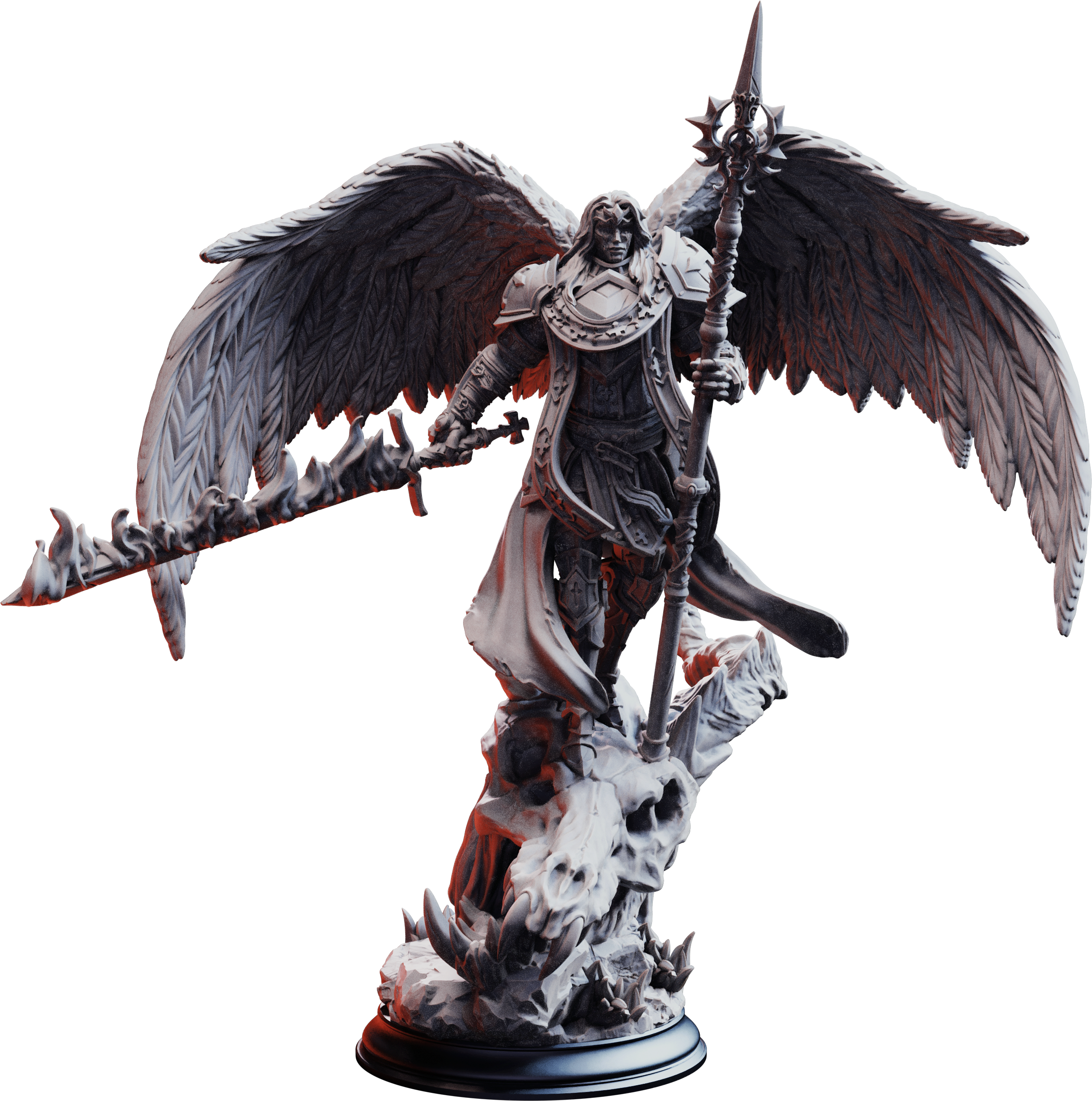 Unpainted resin miniature of Tyrius the Reborn, a celestial/human fighter/paladin/sorcerer, on a round base — view 4 of 4