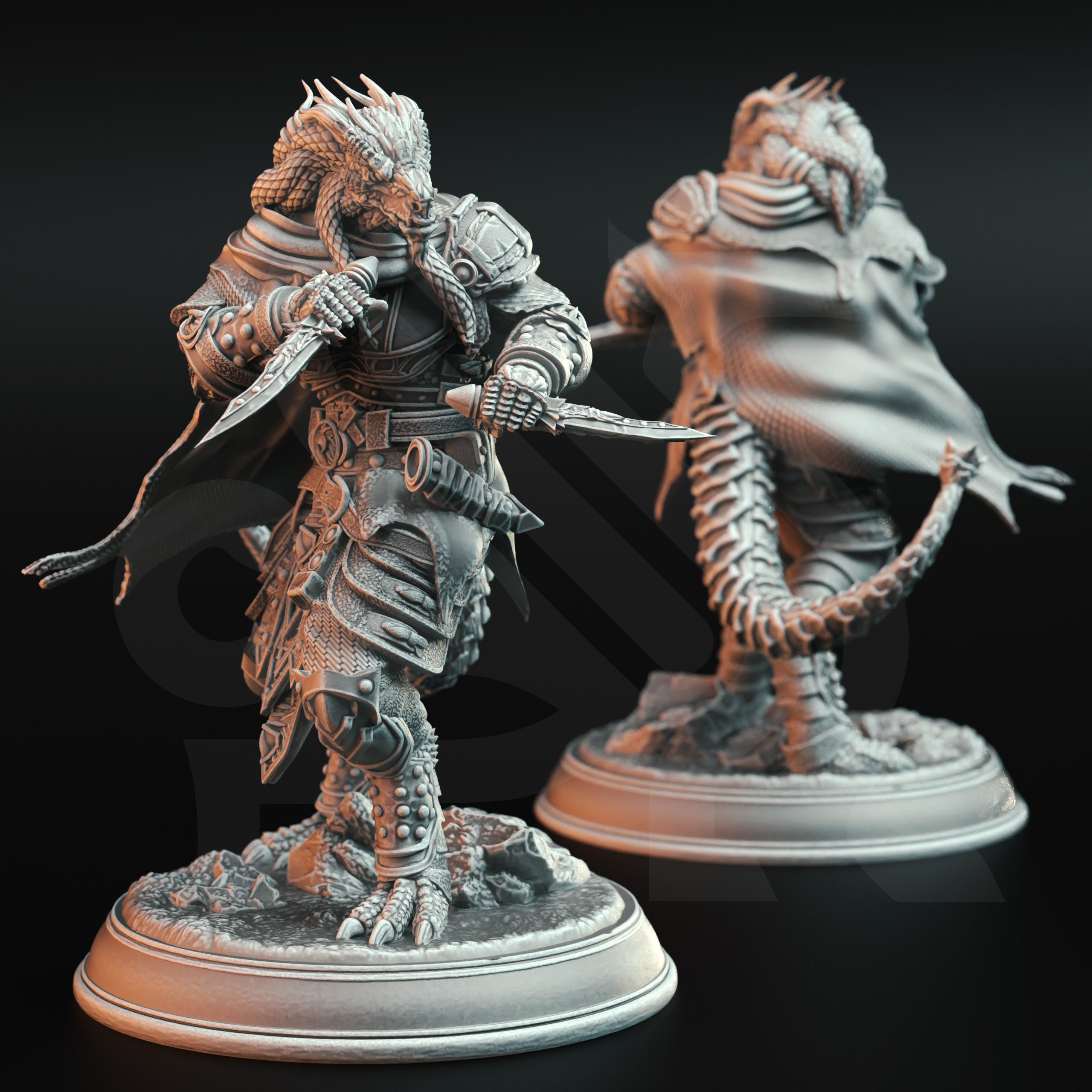 Unpainted resin miniature of Umbrascale, a beastfolk/dragonfolk ranger/rogue, on a round base