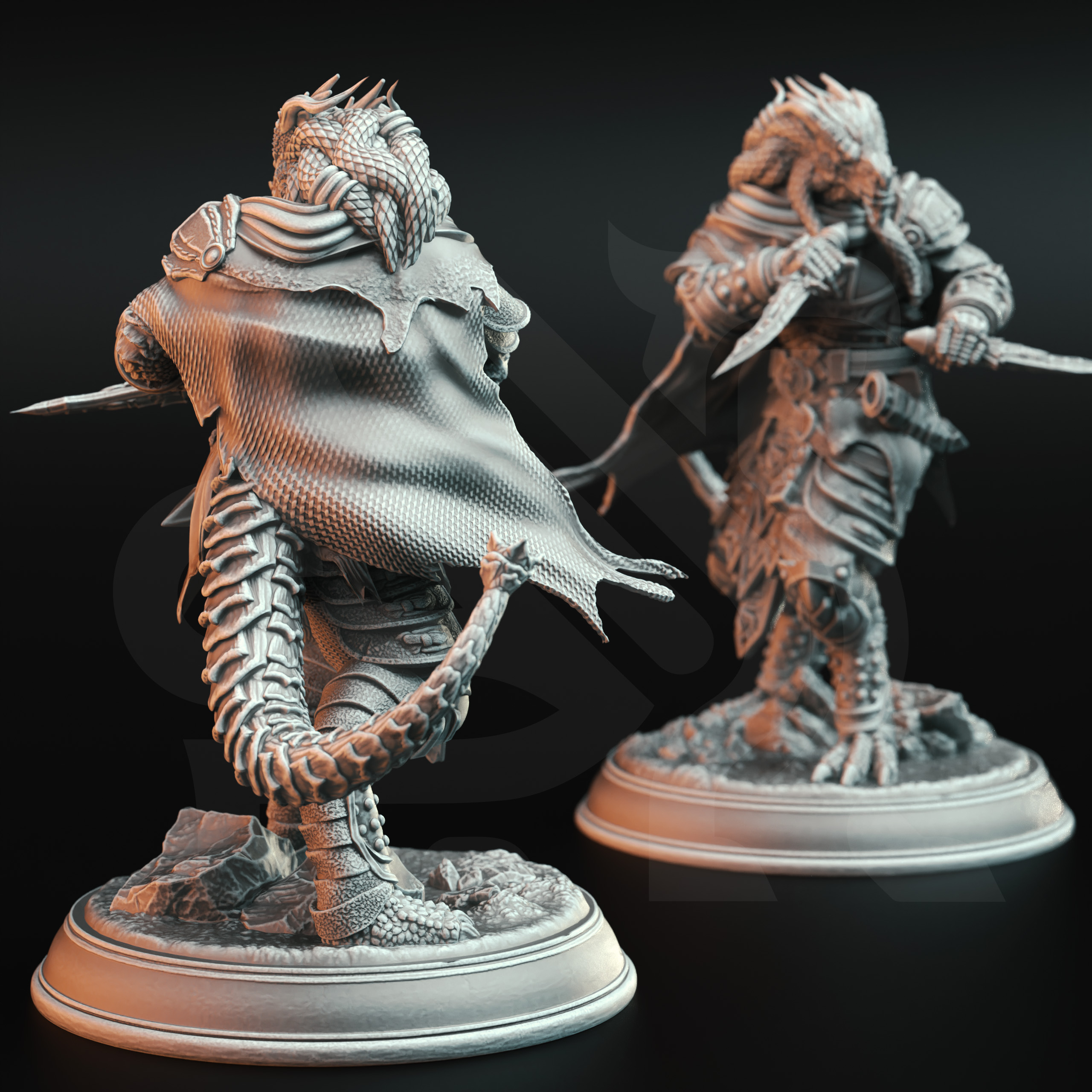 Unpainted resin miniature of Umbrascale, a beastfolk/dragonfolk ranger/rogue, on a round base — view 2 of 4
