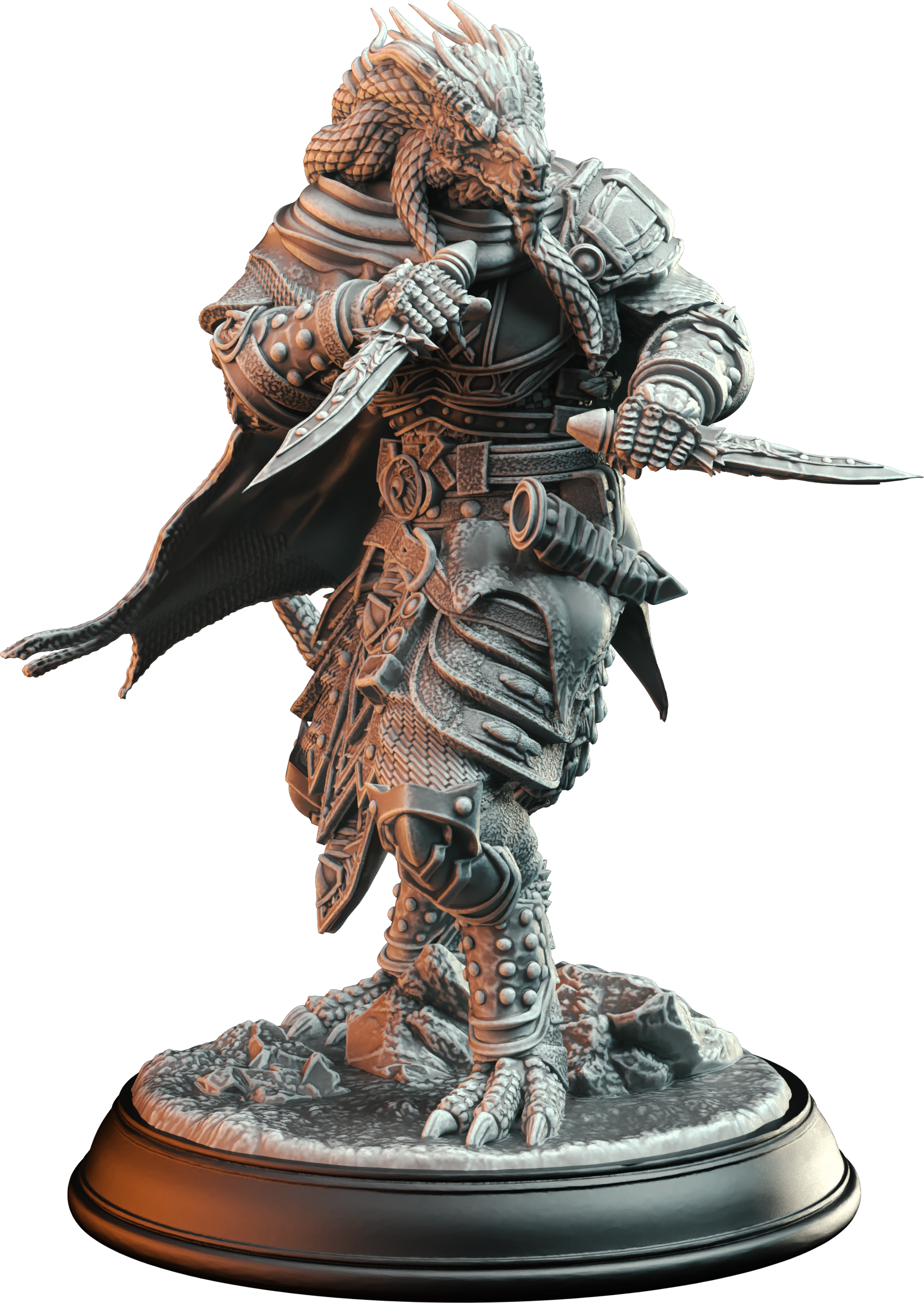 Unpainted resin miniature of Umbrascale, a beastfolk/dragonfolk ranger/rogue, on a round base — view 4 of 4
