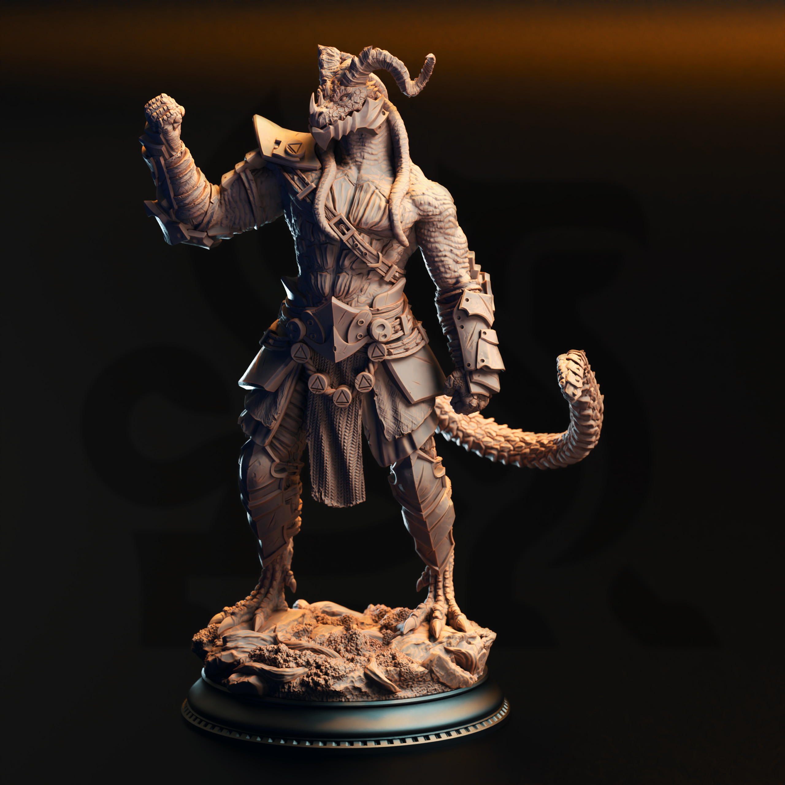Unpainted resin miniature of Vaakrin Steeljaw, a beastfolk/dragonfolk barbarian/fighter, on a round base
