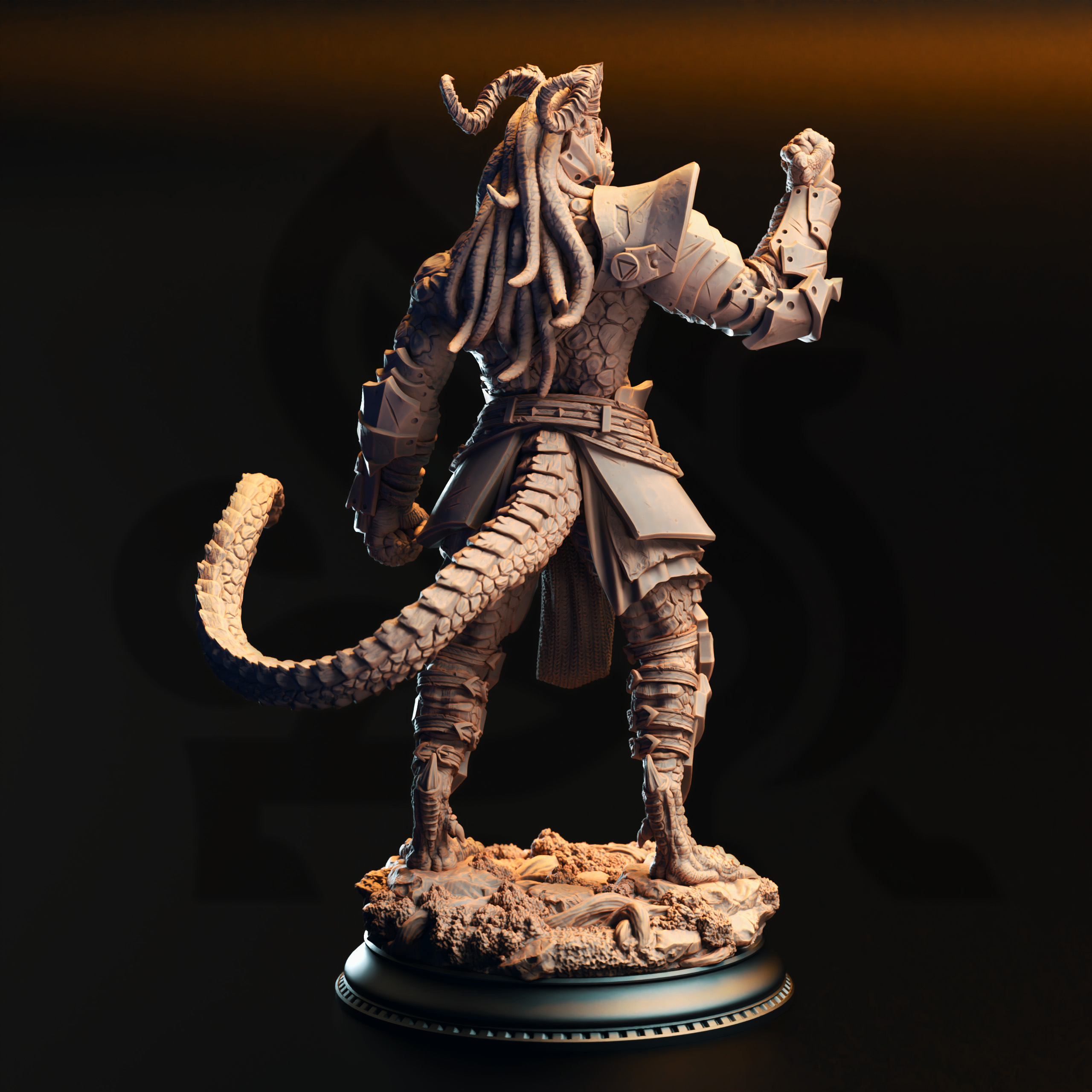 Unpainted resin miniature of Vaakrin Steeljaw, a beastfolk/dragonfolk barbarian/fighter, on a round base — view 2 of 4