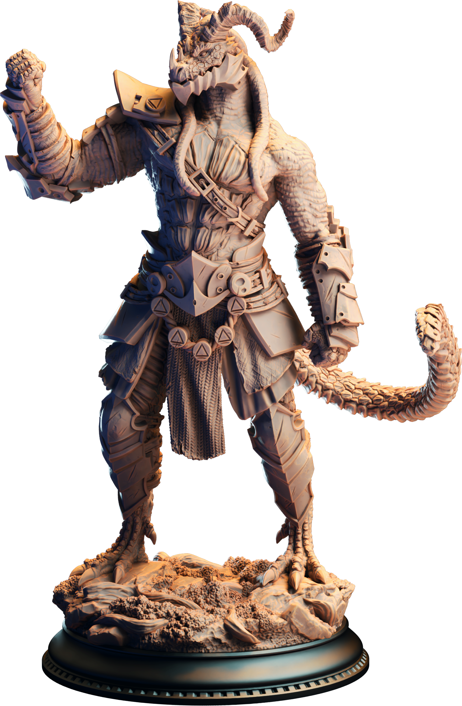 Unpainted resin miniature of Vaakrin Steeljaw, a beastfolk/dragonfolk barbarian/fighter, on a round base — view 4 of 4
