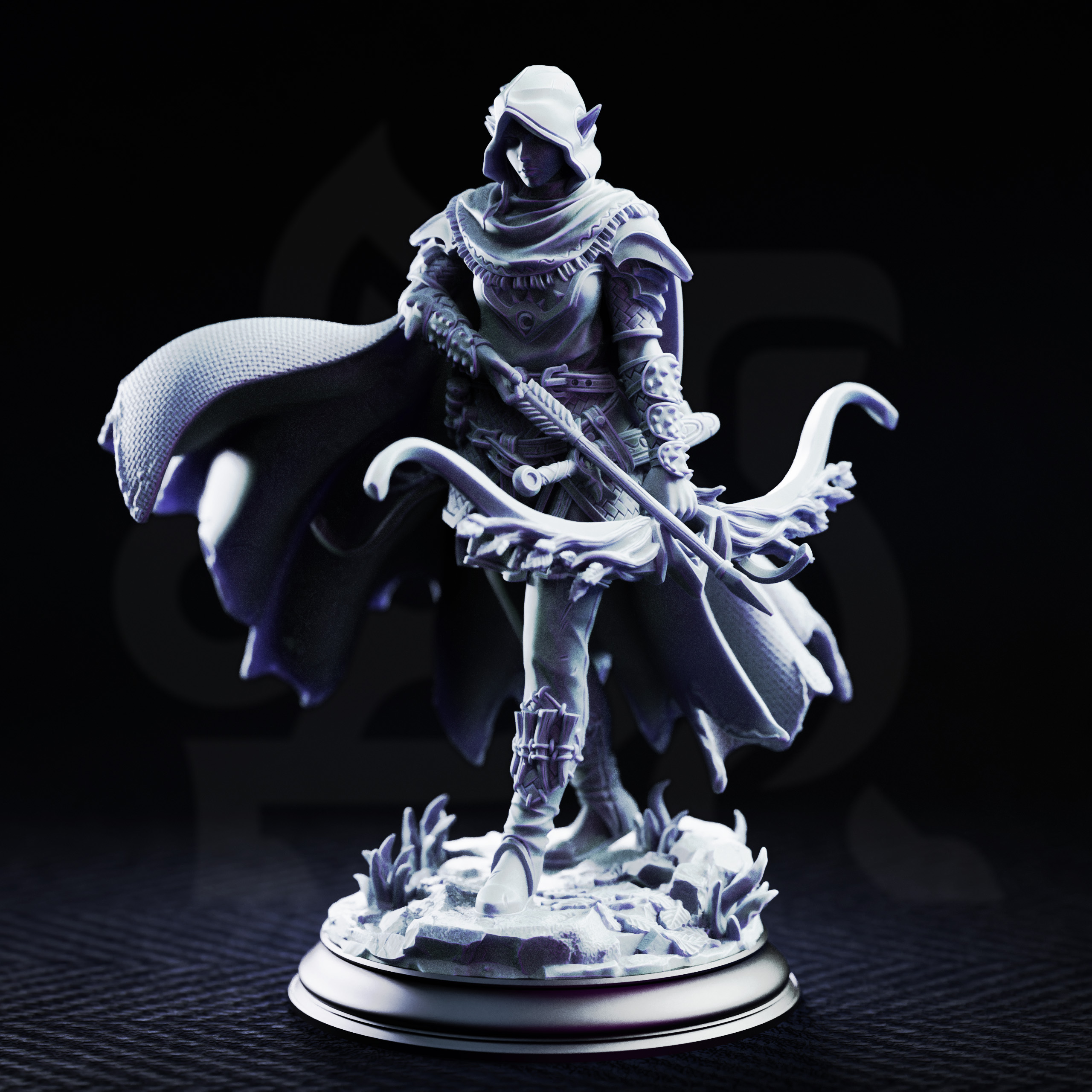 Unpainted resin miniature of Vexana, drow ranger of the swamp