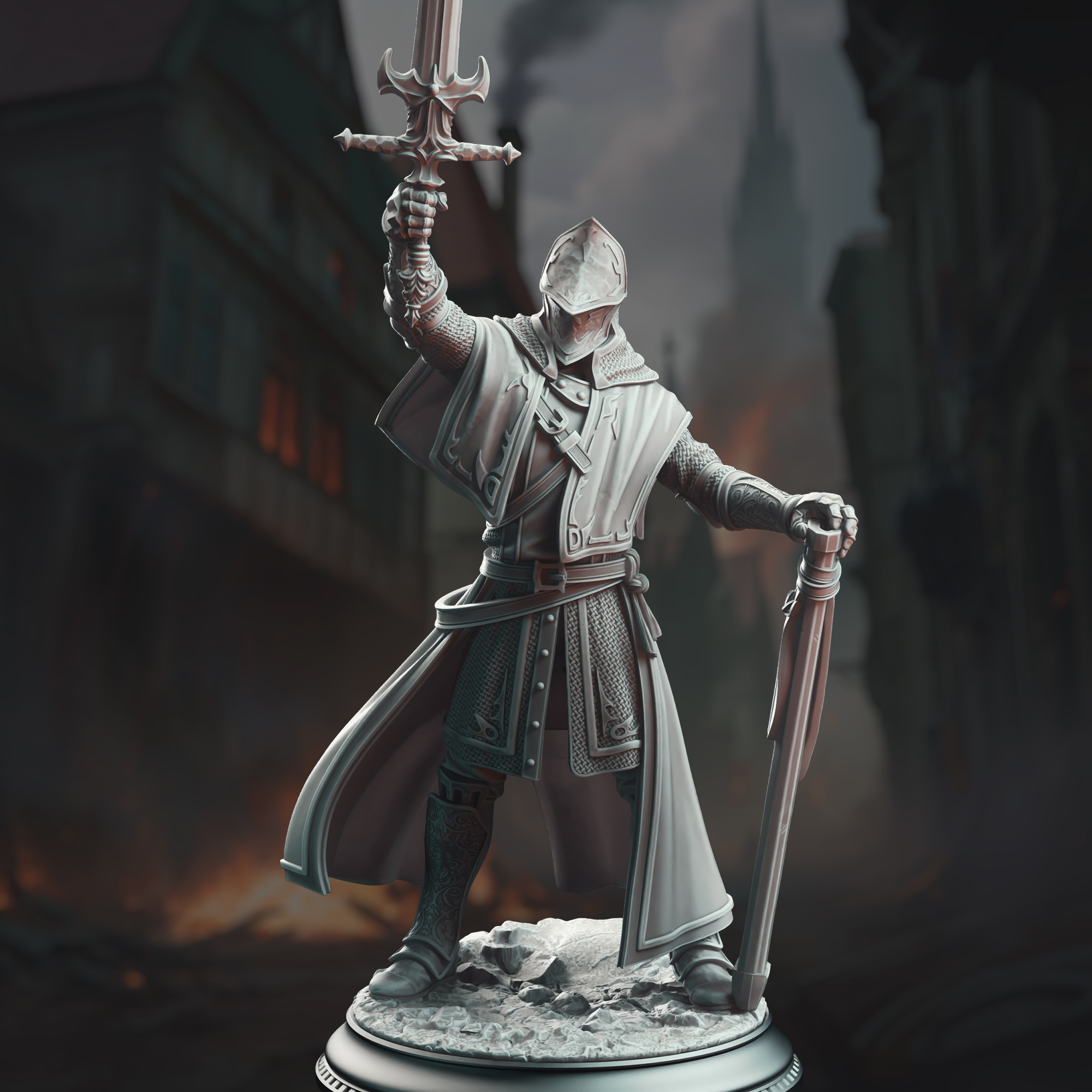 Unpainted resin miniature of Vicar Atticus - The Priest Knight