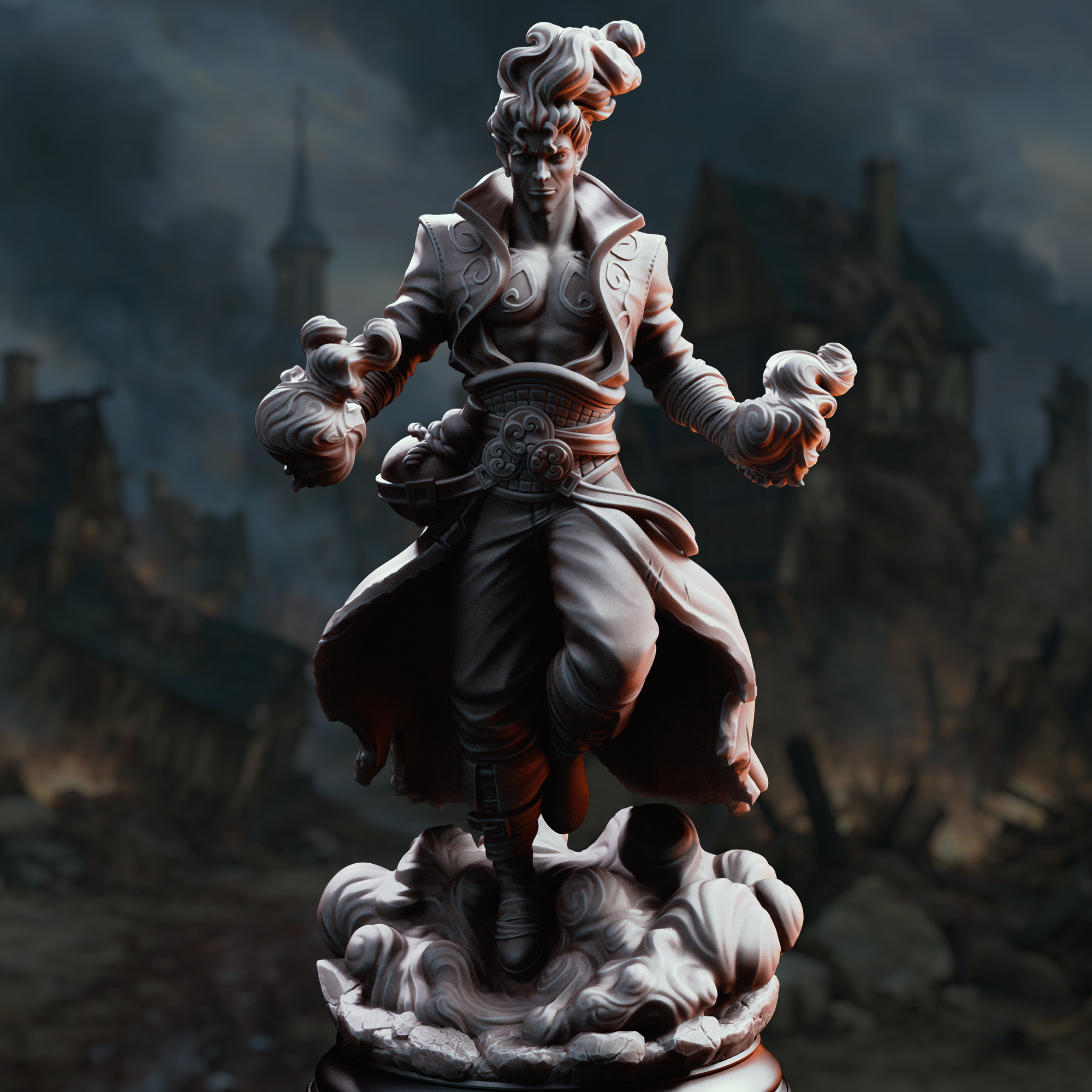 Unpainted resin miniature of Villam Nitrana, an elemi/elf/human sorcerer/wizard, on a round base