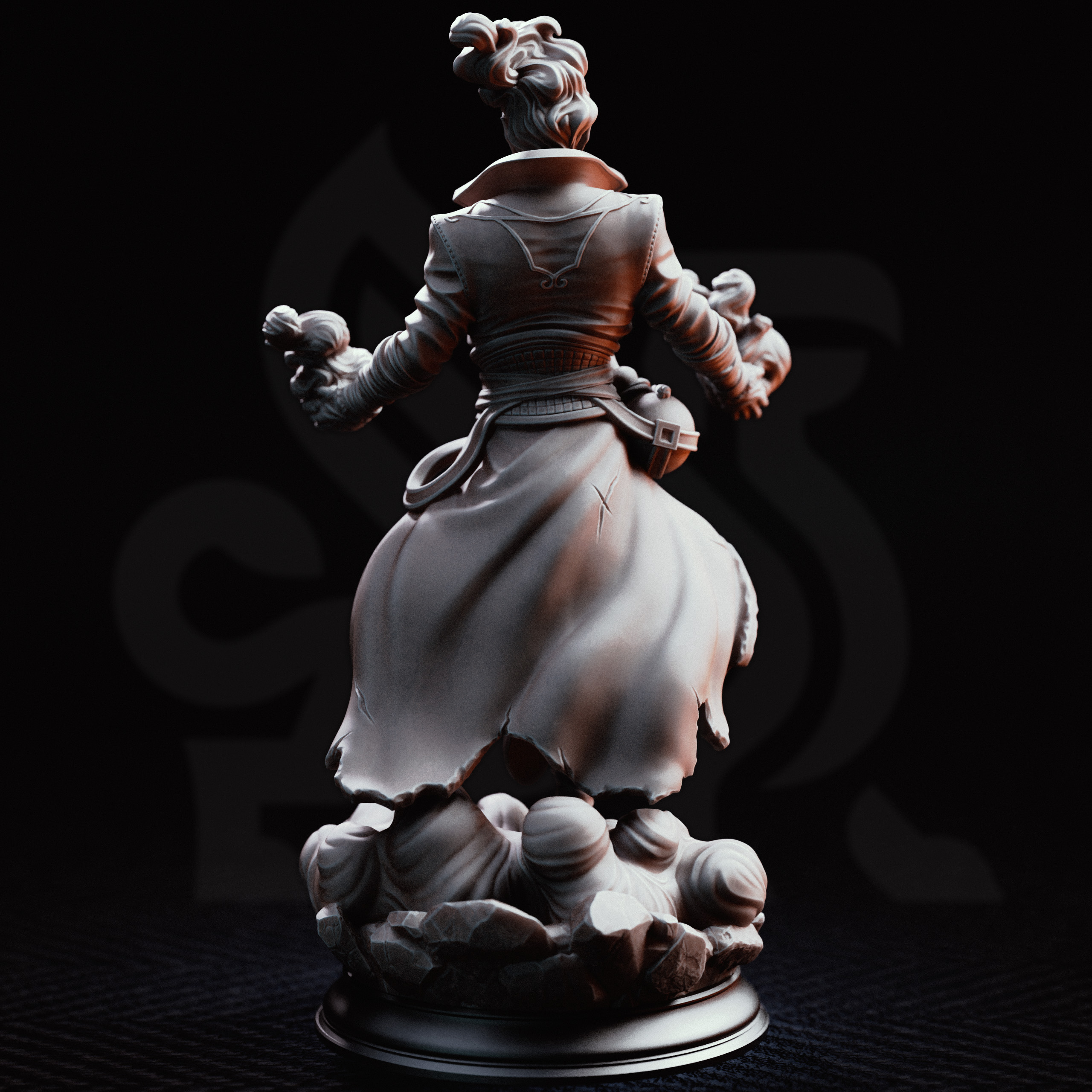 Unpainted resin miniature of Villam Nitrana, an elemi/elf/human sorcerer/wizard, on a round base — view 2 of 4