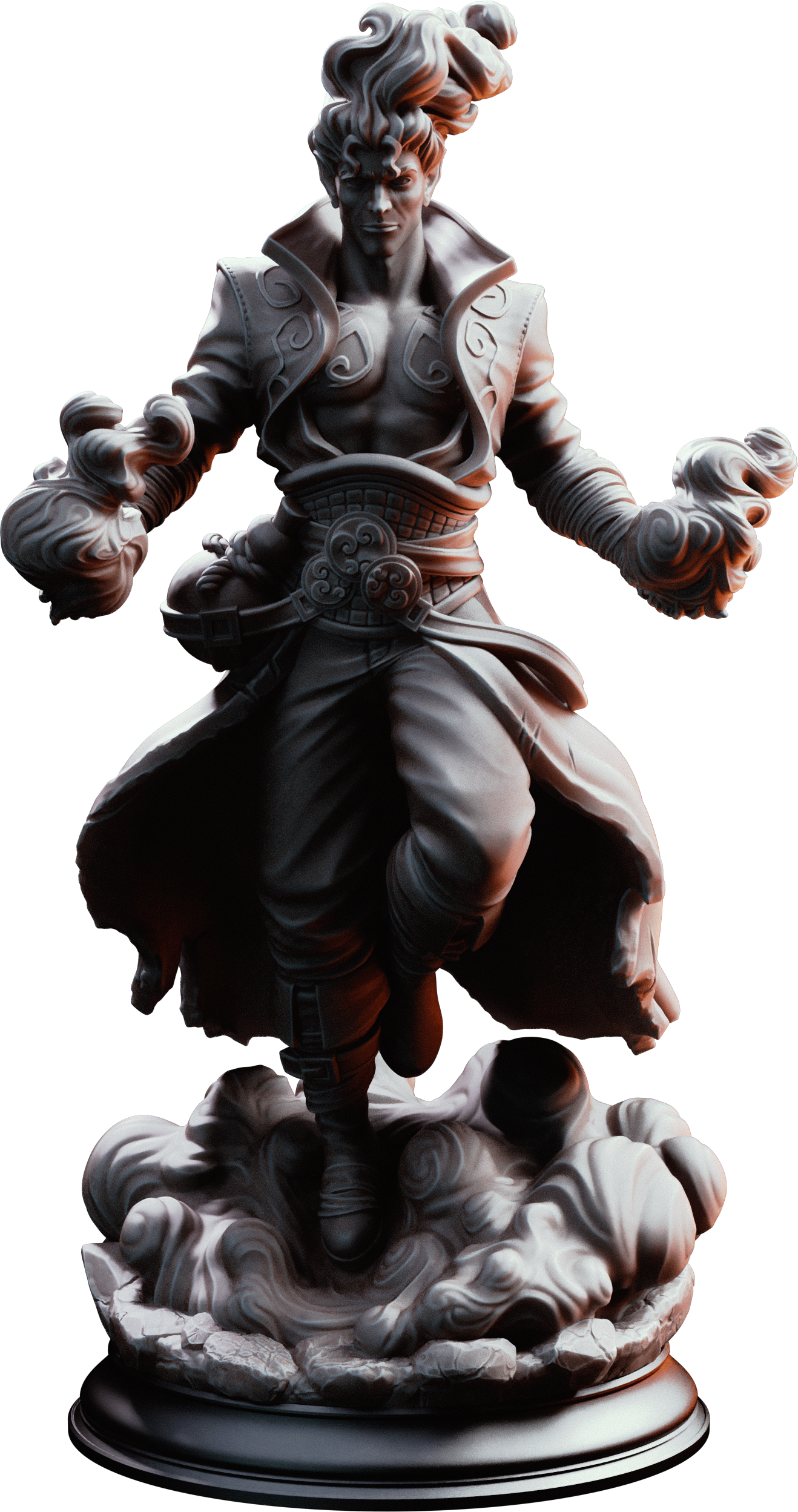Unpainted resin miniature of Villam Nitrana, an elemi/elf/human sorcerer/wizard, on a round base — view 4 of 4