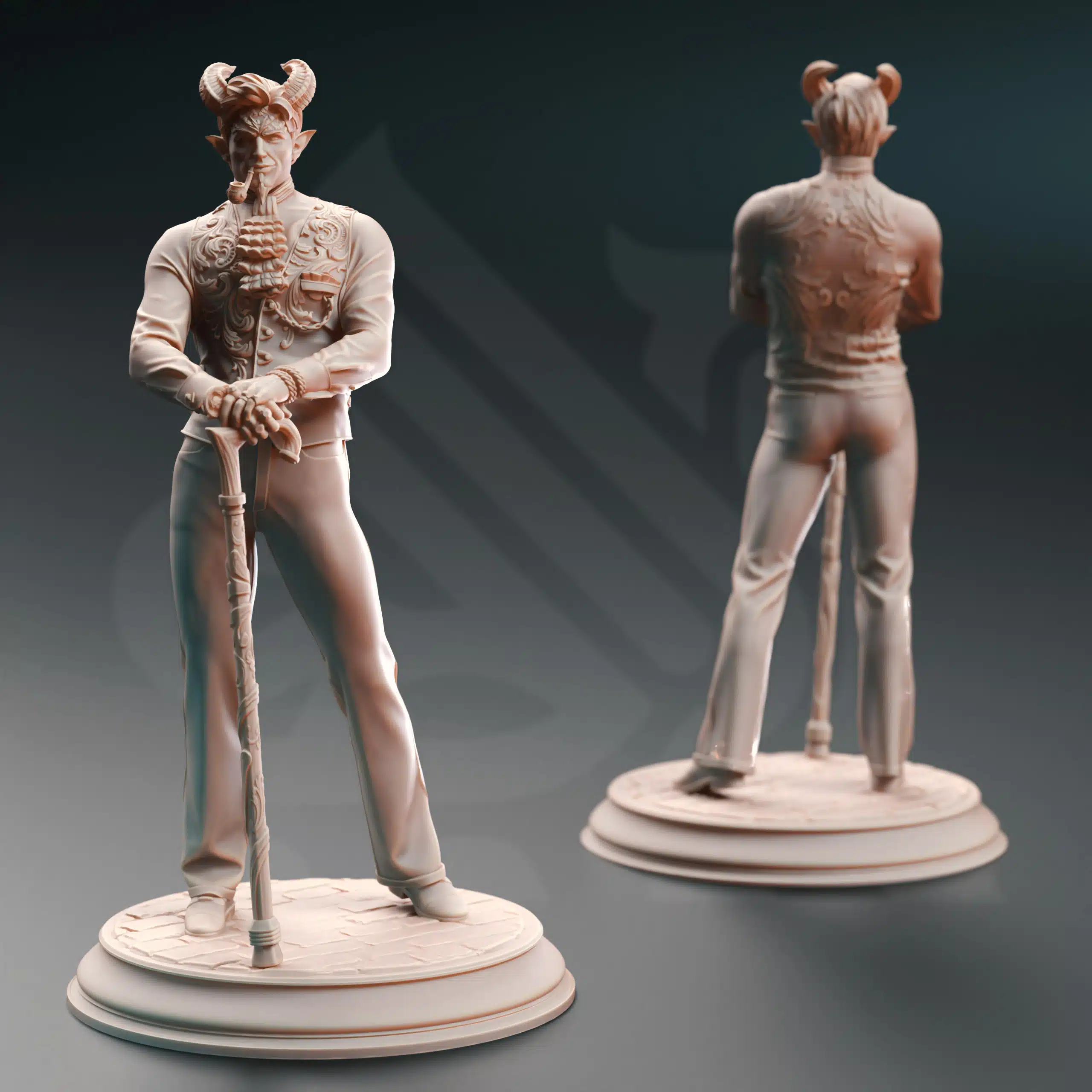 Unpainted resin miniature of Xarvir Barikdral, a tiefling rogue, on a round base