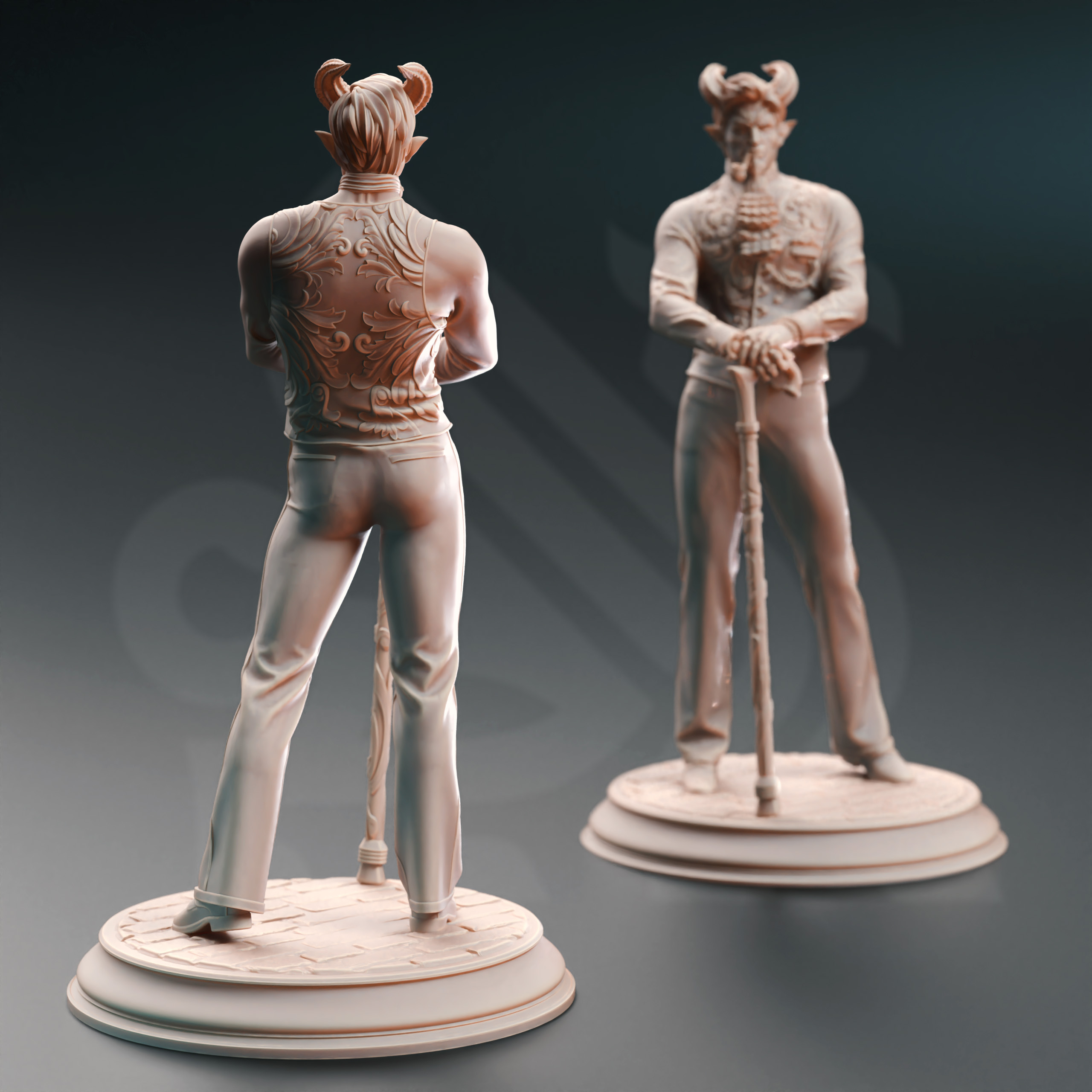 Unpainted resin miniature of Xarvir Barikdral, a tiefling rogue, on a round base — view 3 of 4